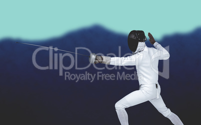 Composite image of man wearing fencing suit practicing with swor