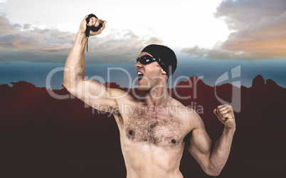 Composite image of swimmer posing with gold medal