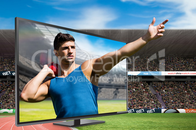 Composite image of front view of sportsman practising shot put