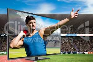 Composite image of front view of sportsman practising shot put