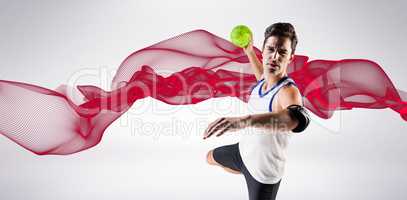 Composite image of portrait of athlete man throwing a ball
