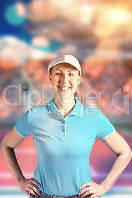 Composite image of sportswoman posing on black background