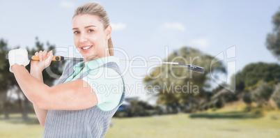 Composite image of pretty blonde posing with golf equipment