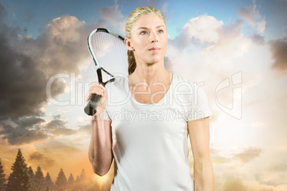 Composite image of female tennis player posing with racket