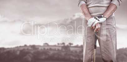 Composite image of golf player posing