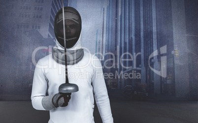 Composite image of man wearing fencing suit practicing with swor