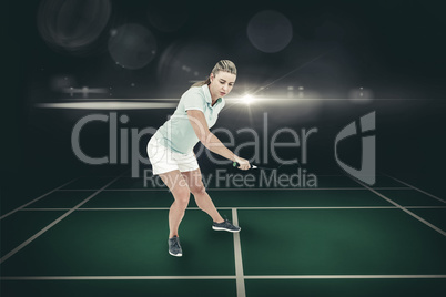 Composite image of pretty blonde playing badminton