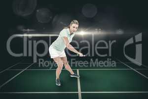 Composite image of pretty blonde playing badminton