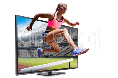 Composite image of sporty woman jumping a hurdle