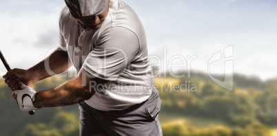 Composite image of portrait of golf player taking a shot