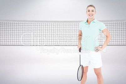 Composite image of badminton player posing with hands on hips