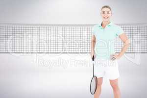 Composite image of badminton player posing with hands on hips