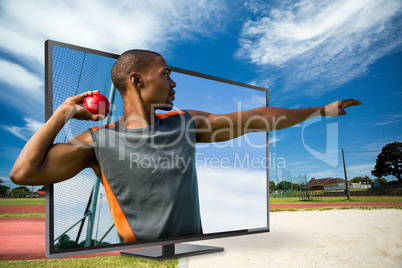 Composite image of profile view of sportsman practising shot put