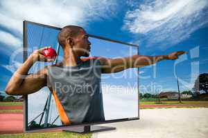 Composite image of profile view of sportsman practising shot put