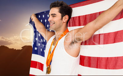 Composite image of athlete posing with gold medals and american