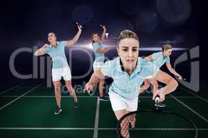 Composite image of pretty blonde playing badminton