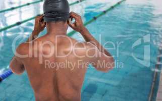 Composite image of rear view of swimmer in shirtless wearing swi