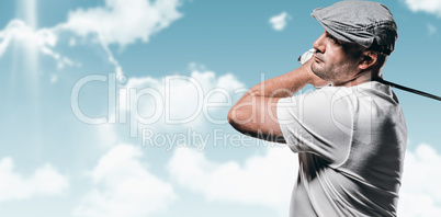 Composite image of portrait of golf player taking a shot