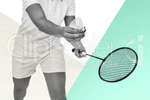 Composite image of female athlete holding a badminton racket rea