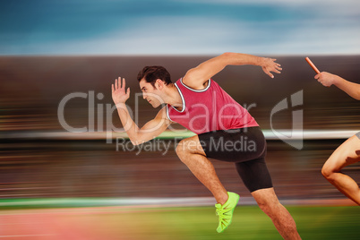 Composite image of confident male athlete running from starting