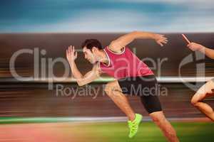 Composite image of confident male athlete running from starting