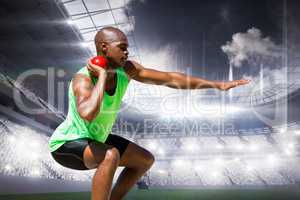 Composite image of sportsman practising the shot put