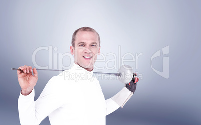 Composite image of swordsman holding fencing sword