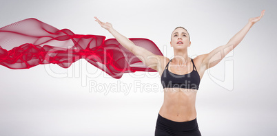 Composite image of female athlete raising arms