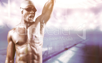 Composite image of swimmer posing after victory