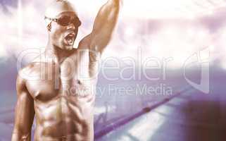 Composite image of swimmer posing after victory