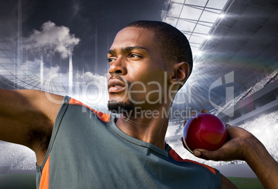 Composite image of portrait of sportsman practising shot put