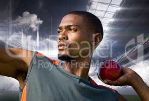 Composite image of portrait of sportsman practising shot put