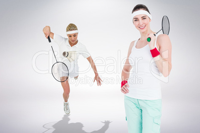 Composite image of badminton players playing and posing