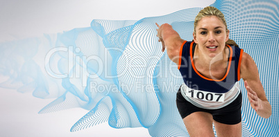 Composite image of female athlete running on white background