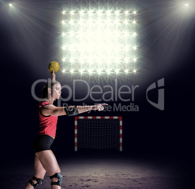 Composite image of female athlete with elbow pad throwing handba