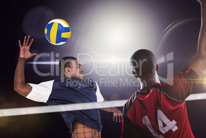 Composite image of rear view of sportsman posing while playing v