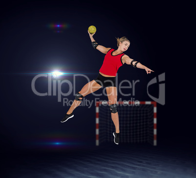 Composite image of female athlete with elbow pad throwing handba