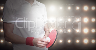 Composite image of female athlete posing with ping pong racket