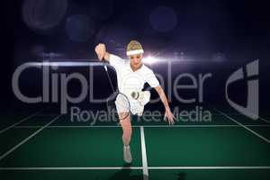 Composite image of badminton player playing badminton