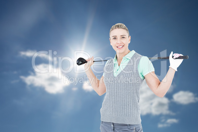 Composite image of pretty blonde posing with golf equipment