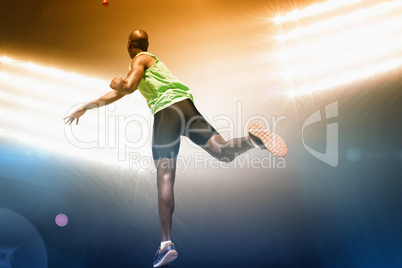 Composite image of rear view of sportsman throwing a shot