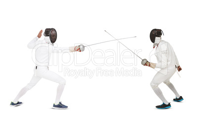 Composite image of man wearing fencing suit practicing with swor