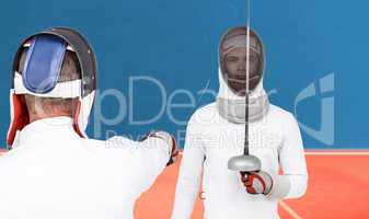 Composite image of man wearing fencing suit practicing with swor