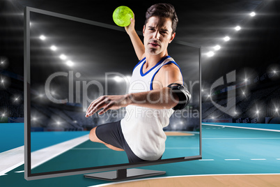 Composite image of portrait of athlete man throwing a ball