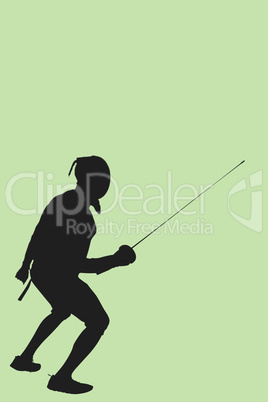 Composite image of man wearing fencing suit practicing with swor