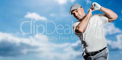 Composite image of portrait of golf player taking a shot