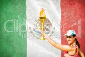 Composite image of happy woman raising a cup