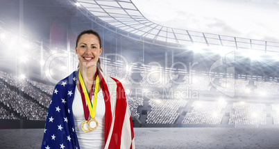 Composite image of athlete posing with american flag and gold me