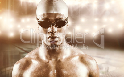 Composite image of swimmer posing with swimming goggles