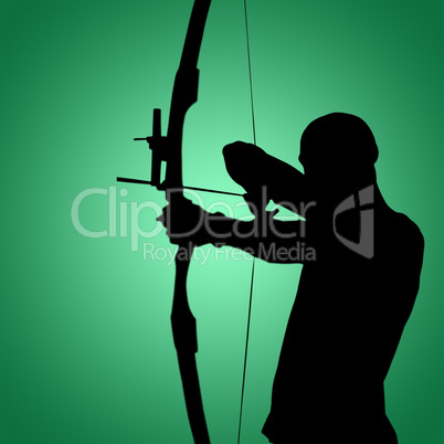 Composite image of facing view of man practicing archery against